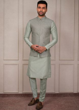Sage Green Embroidered Kurta Pajama With Jacket 