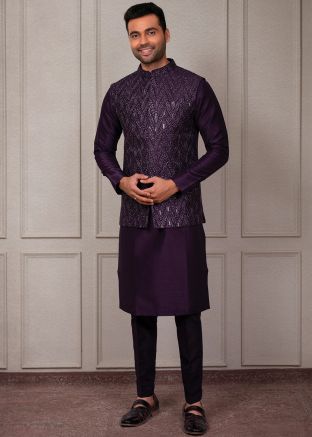Purple Silk Kurta Pajama With Embroidered Jacket 