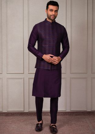 Purple Silk Kurta Pajama With Embellilshed Jacket 