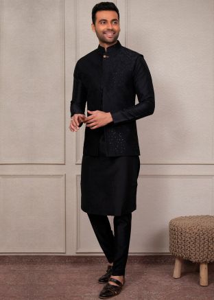 Men Black Silk Kurta Pajama With Jacket
