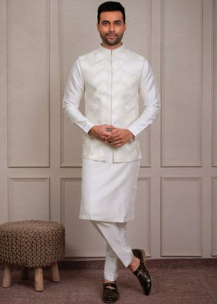 Off White Embroidered Kurta Pajama With Jacket