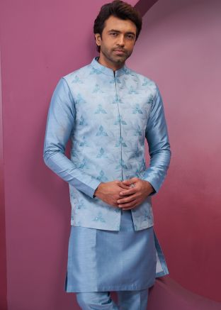 Blue Men Kurta Pajama With Embroidered Jacket