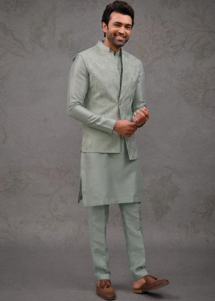 Green Kurta Pajama With Embroidered Jacket