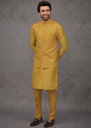Yellow Kurta Pajama With Embroidered Silk Jacket