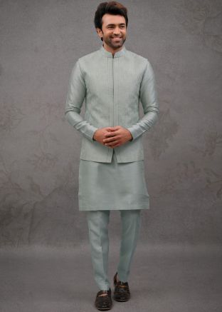 Blue Kurta Pajama With Embroidered Jacket