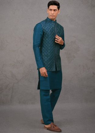 Teal Blue Silk Kurta Pajama With Embroidered Jacket