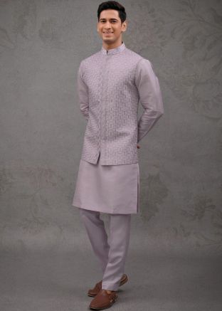 Purple Silk Kurta Pant With Embroidered Jacket