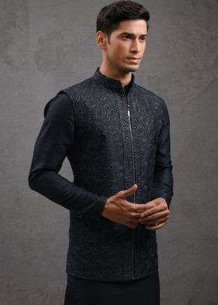 Readymade Navy Blue Silk Kurta Pajama With Jacket