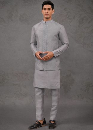 Readymade Grey Silk Kurta Pajama With Jacket