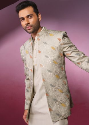 Beige Kurta Pajama With Embroidered Jacket