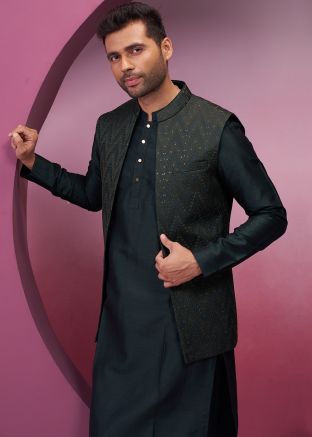 Bottle Green Kurta Pajama With Silk Jacket