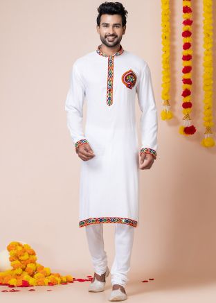 White Embroidered Men Kurta Pajama