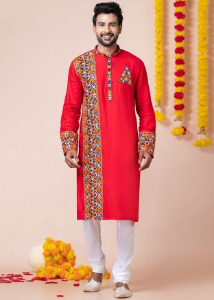 Red Embroidered Men Kurta Pajama
