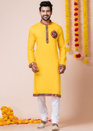 Yellow Embroidered Men Kurta Pajama