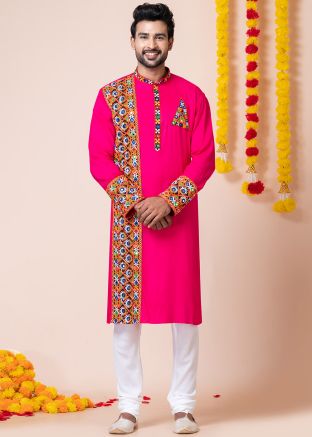 Pink Embroidered Reyon Kurta Pajama