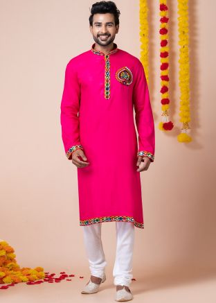 Pink Embroidered Men Kurta Pajama In Rayon