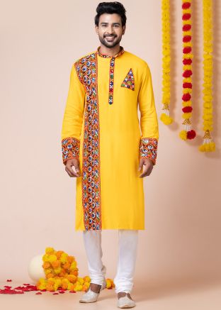 Yellow Embroidered Men Kurta Pajama In Reyon