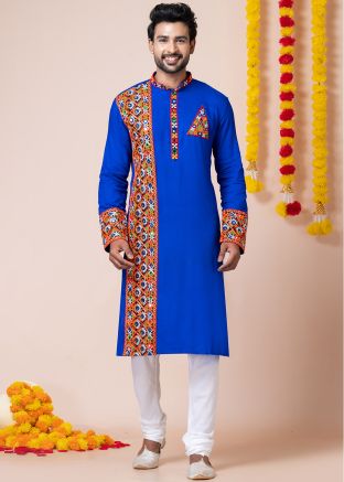 Blue Embroidered Men Kurta Pajama In Reyon