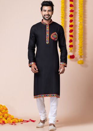 Black Embroidered Men Kurta Pajama In Reyon