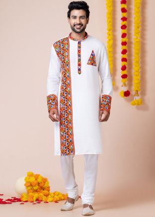 White Embroidered Men Kurta Pajama In Reyon