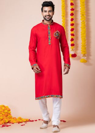 Red Embroidered Men Kurta Pajama In Reyon