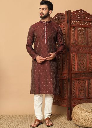 Maroon Mirror Work Kurta Pajama In Jacquard