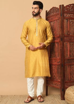 Yellow Embroidered Kurta Pajama In Jacquard