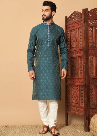 Blue Woven Work Kurta Pajama In Jacquard