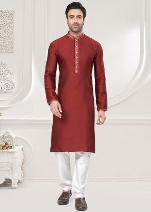 Maroon Embroidered Kurta Pajama In Jacquard
