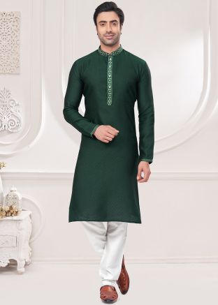 Green Woven Work Kurta Pajama In Jacquard