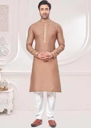 Beige Jacquard Kurta Pajama In Woven Work