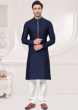 Blue Woven Work Kurta Pajama In Jacquard