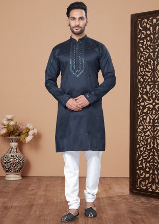 Blue Sequins Embroidered Kurta Pajama In Silk