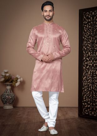 Pink Sequins Embroidered Kurta Pajama In Silk
