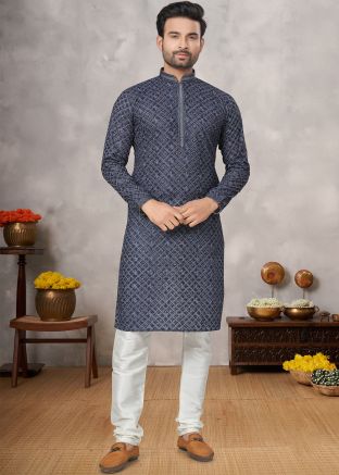 Blue Men Embroidered Kurta Pajama Set