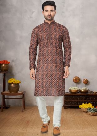 Brown Men Embroidered Kurta Pajama Set