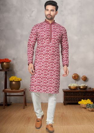 Men Pink Kurta Pajama In Thread Embroidery