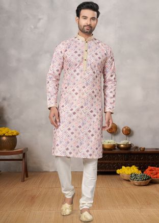 Cream Men Kurta Pajama In Printed Work