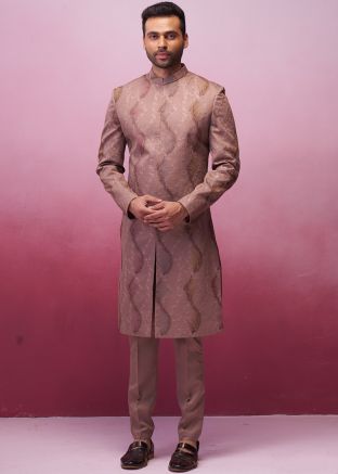 Brown Embroidered Silk Readymade Indowestern Sherwani