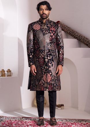 Black Readymade Embroidered Indowestern Sherwani In Velvet