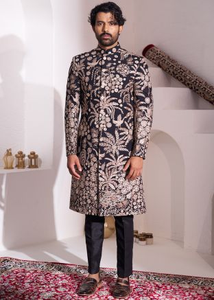 Black Embroidered Indowestern Readymade Sherwani In Silk