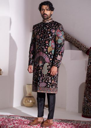 Black Readymade Indowestern Velvet Sherwani In Embroidery