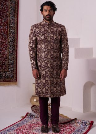 Maroon Readymade Indowestern Silk Sherwani In Embroidery