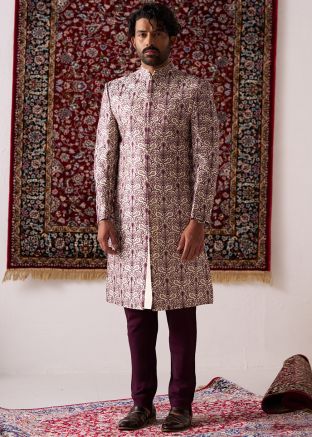Cream Embroidered Silk Readymade Indowestern Sherwani