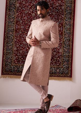Pastel Pink Readymade Embroidered Indowestern Sherwani In Silk