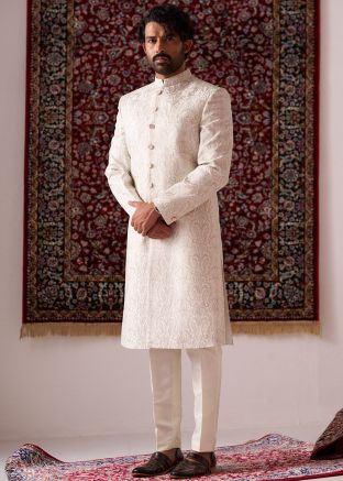 Off White Readymade Silk Indowestern Sherwani In Embroidery