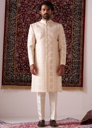 Cream Embroidered Readymade Indowestern Sherwani In Silk