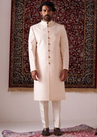 Cream Silk Readymade Indowestern Sherwani In Embroidery