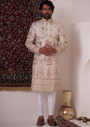 Cream Embroidered Silk Readymade Indowestern Sherwani Set