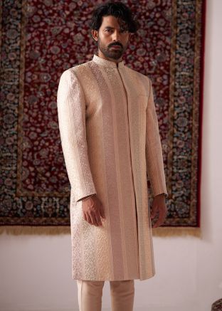 Pink Readymade Embroidered Indowestern Sherwani In Silk